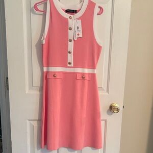 Charming Pink and White Dress with Button Accents
